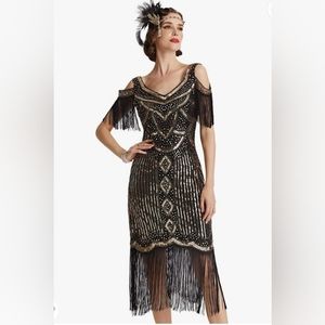 BABEYOND Women's Long Fringe Roaring 20s Black & Gold Sequins Flappers Dress XL